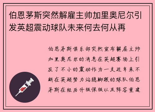 伯恩茅斯突然解雇主帅加里奥尼尔引发英超震动球队未来何去何从再